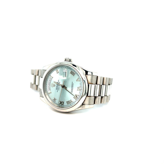 2001 Rolex Day-Date 118206 Platinum Silver Blue Roman Numerals Dial