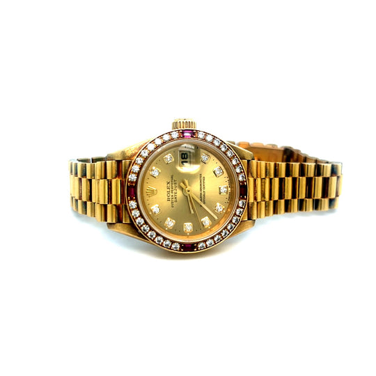 1997 Rolex Datejust 26mm 69068 Yellow Gold Champagne Diamond Dial Diamond Ruby Bezel
