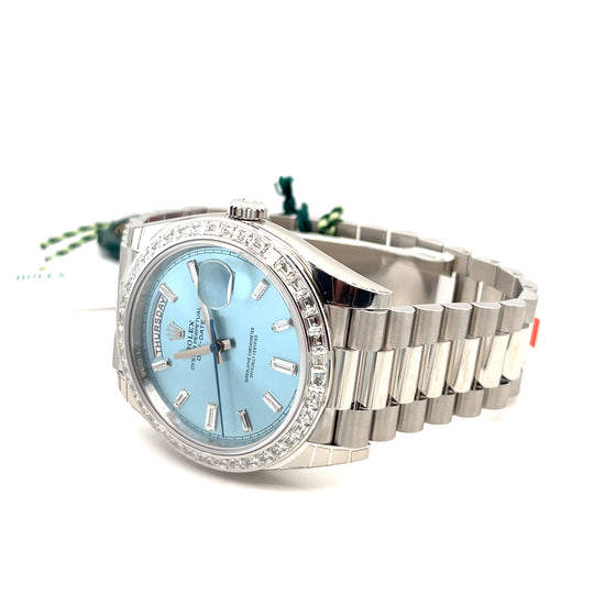 2025 Rolex Day-Date 40 228396TBR Platinum Ice Blue Diamond Dial Diamond Bezel