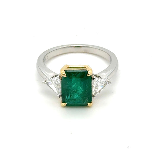 3-Stone Emerald Diamond Platinum 18kt Yellow Gold Ring