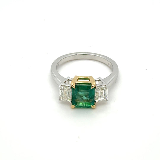 3-Stone Emerald Diamond Platinum 18kt Yellow Gold Ring