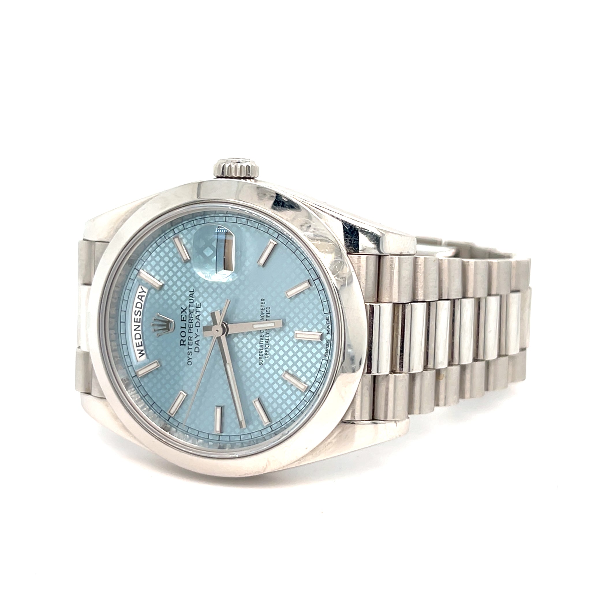 Rolex Day-Date 40 228206 Platinum Ice Blue Diagonal Motif Dial