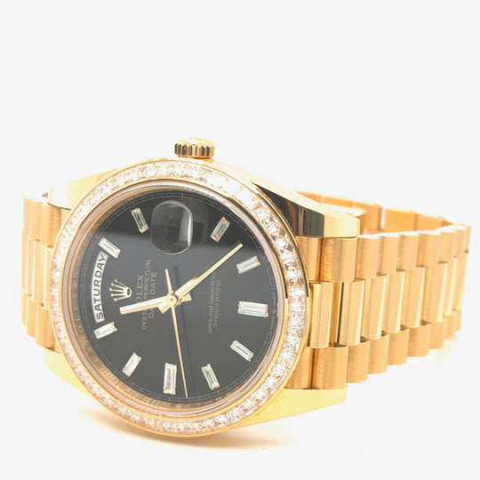 2025 Rolex Day-Date 40 228398TBR Yellow Gold Black Baguette Dial TBR Bezel