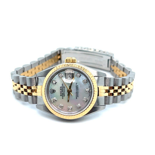 1985 Rolex Datejust 69173 'Ladies' 26mm Yellow Gold Stainless Steel Custom Mother of Pearl Diamond Dial