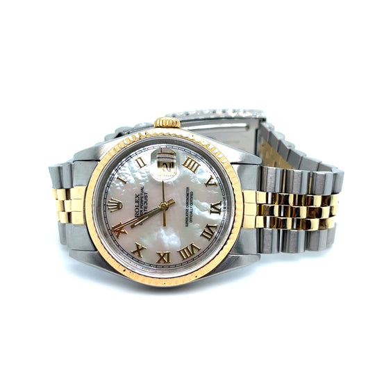 1983 Rolex Datejust 16013 Yellow Gold Stainless Steel Custom Mother of Pearl Roman Numerals Dial