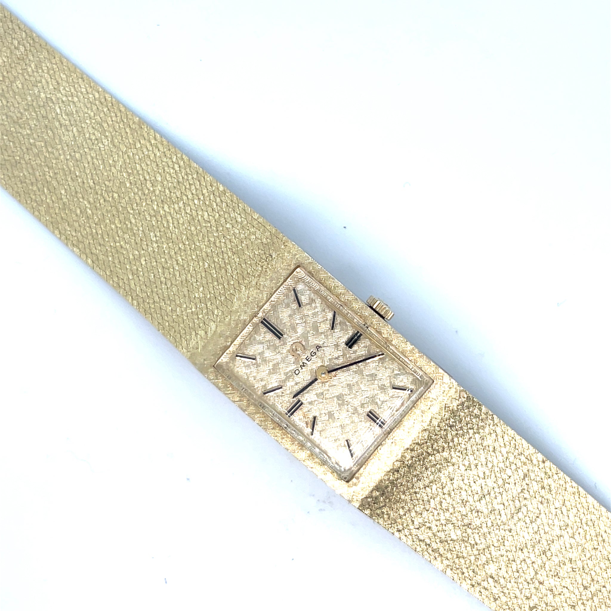 1960's Omega Rectangle Watch 14kt Yellow Gold Gold Dial Mesh Band