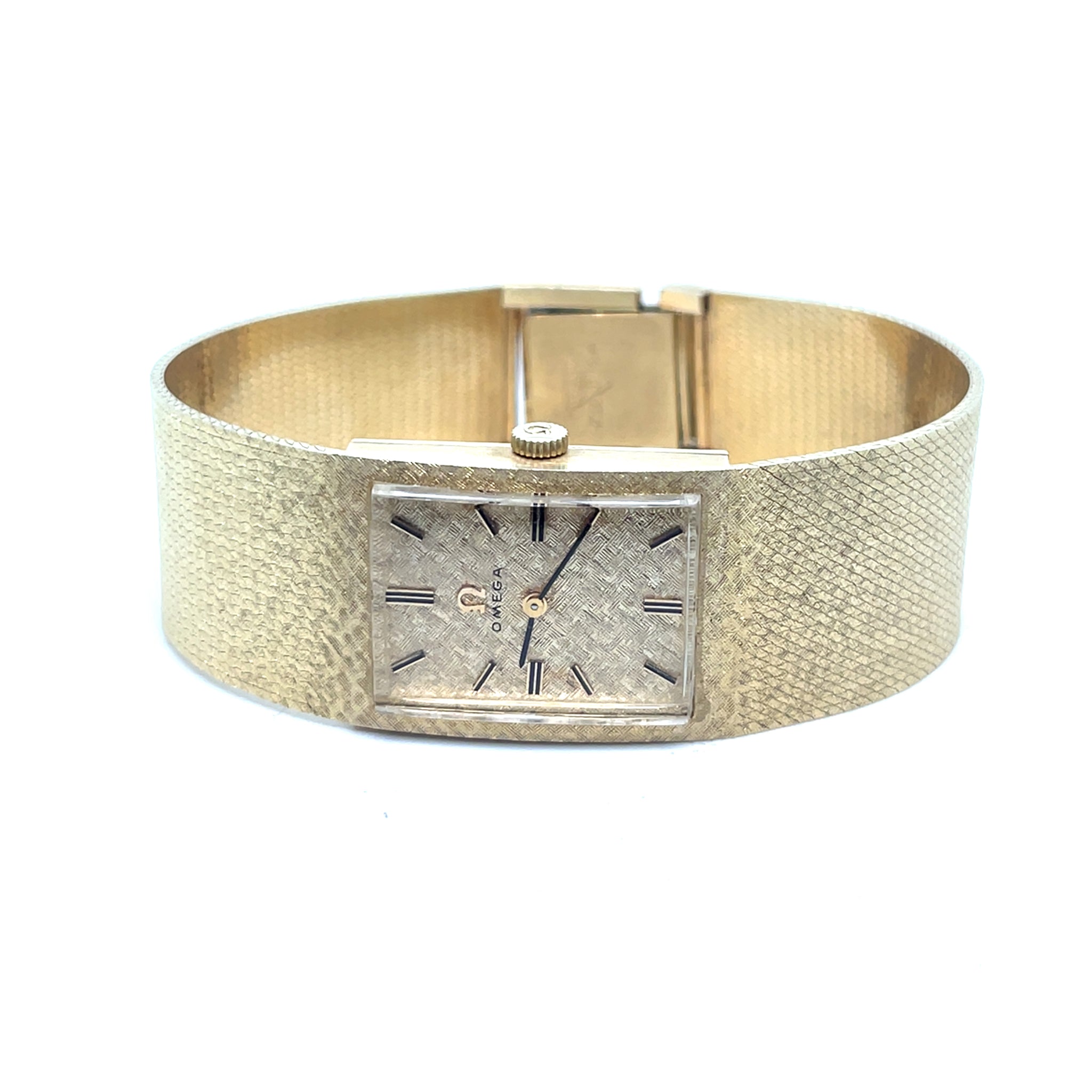 1960's Omega Rectangle Watch 14kt Yellow Gold Gold Dial Mesh Band