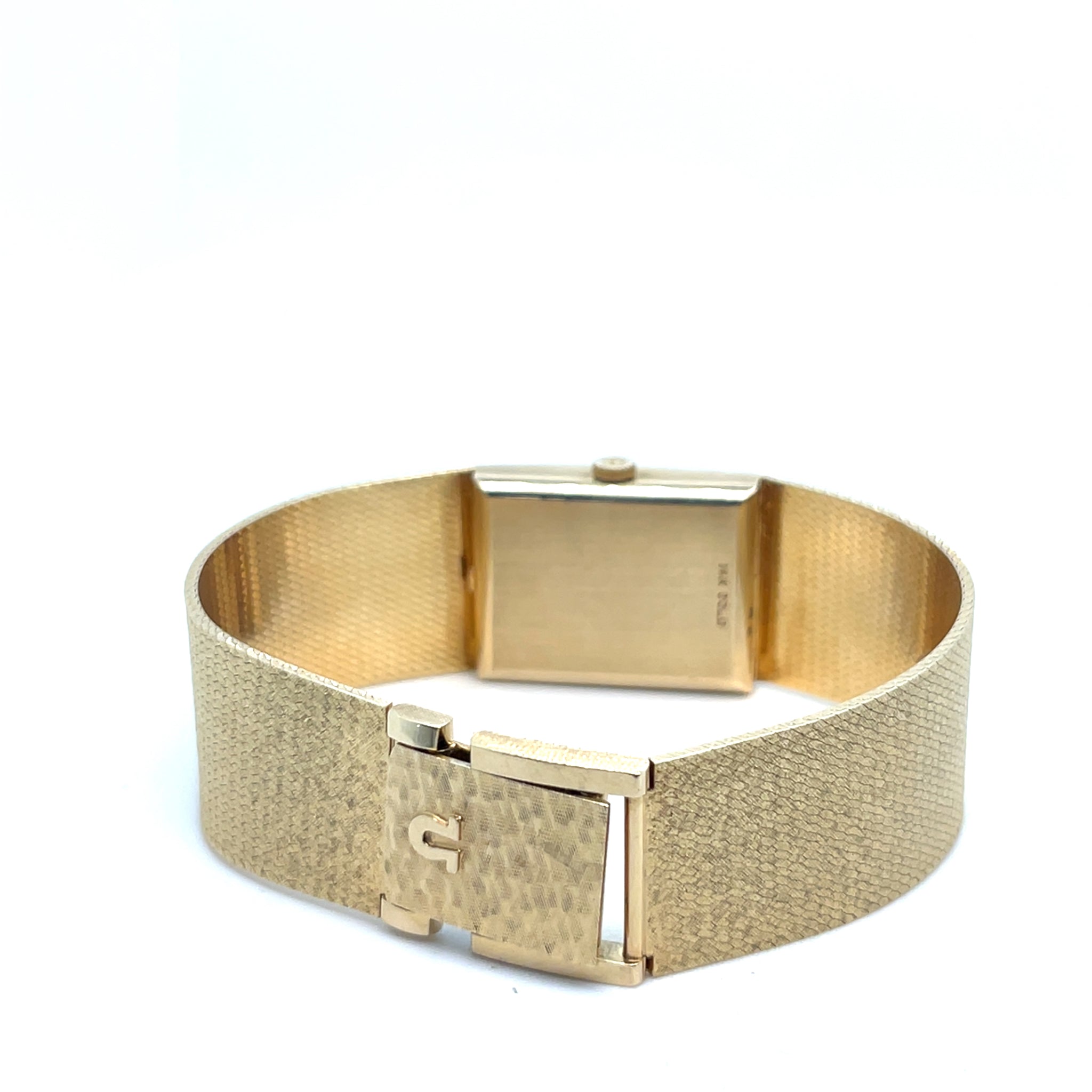 1960's Omega Rectangle Watch 14kt Yellow Gold Gold Dial Mesh Band