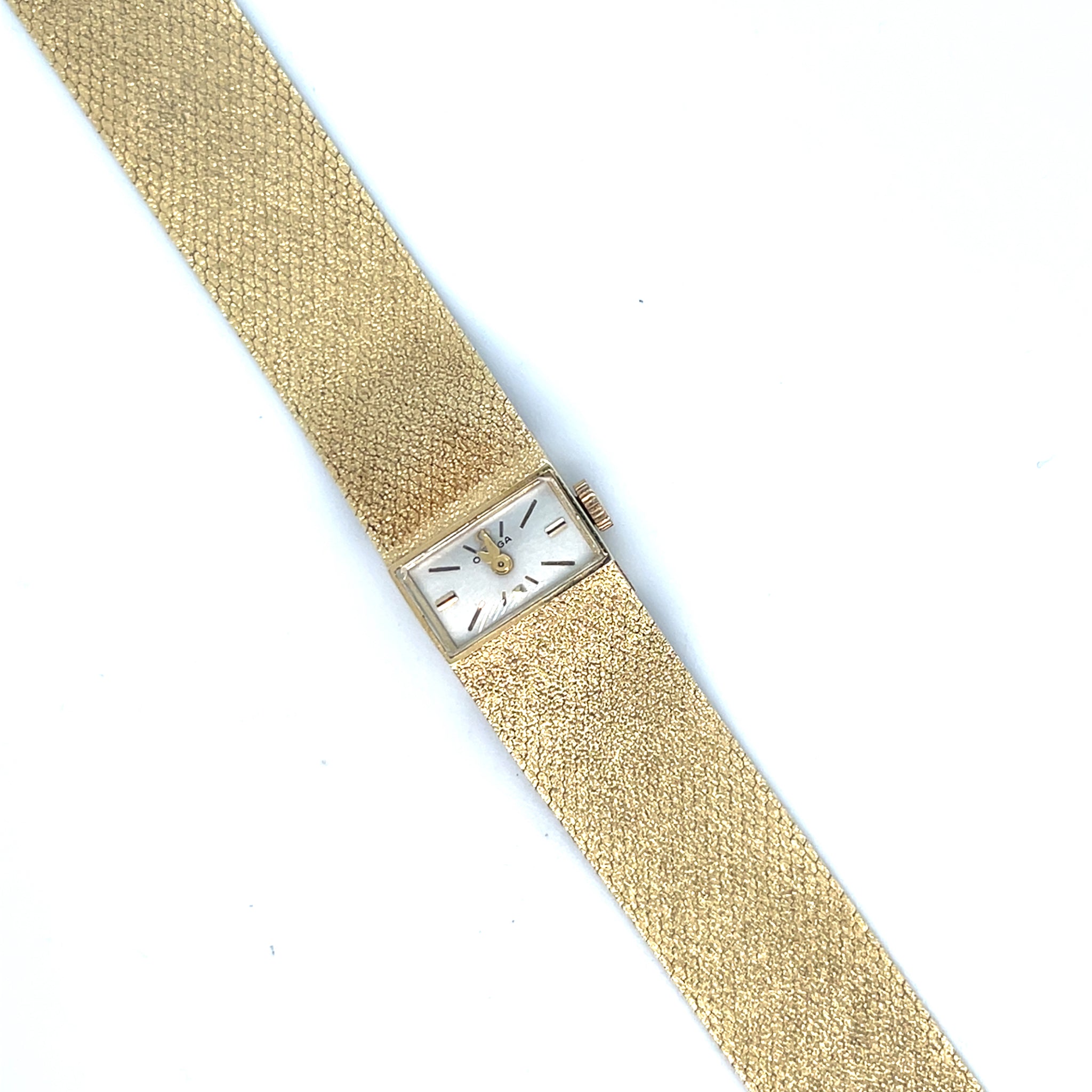1960's Omega Mini Rectangle Watch 14kt Yellow Gold Gold Dial Mesh Band