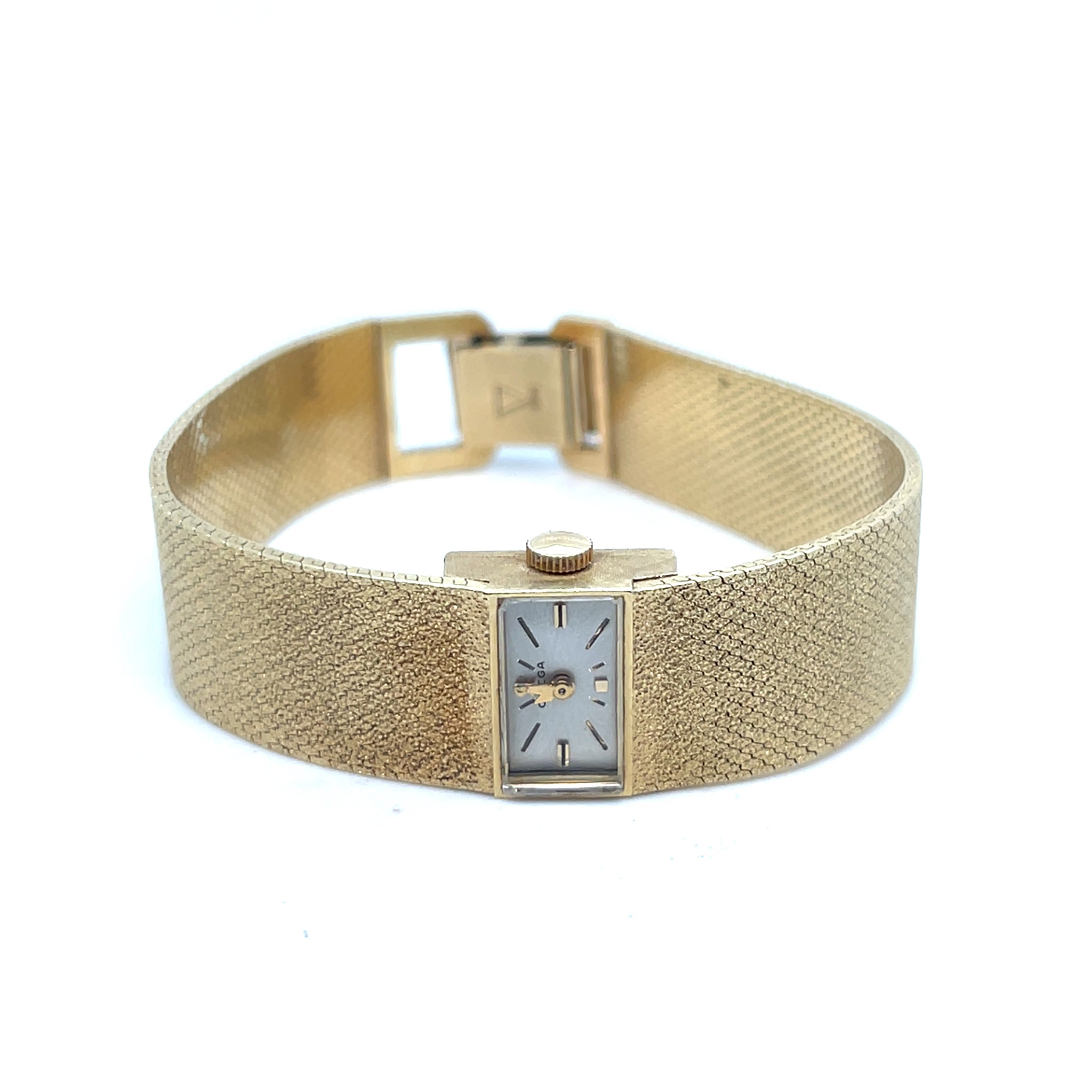 1960's Omega Mini Rectangle Watch 14kt Yellow Gold Gold Dial Mesh Band