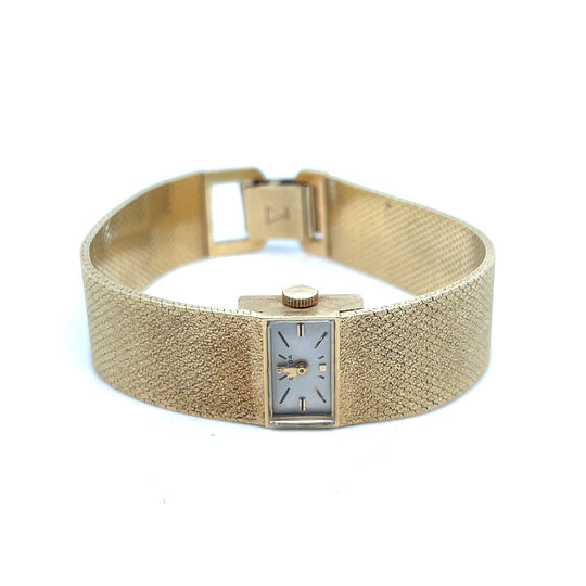 1960's Omega Mini Rectangle Watch 14kt Yellow Gold Gold Dial Mesh Band