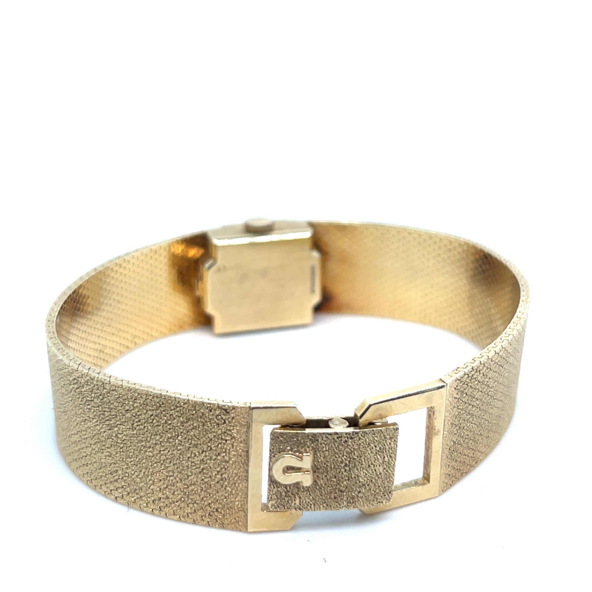 1960's Omega Mini Rectangle Watch 14kt Yellow Gold Gold Dial Mesh Band