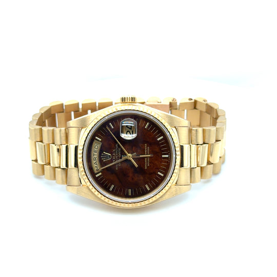 1979 Rolex Day-Date 18038 Yellow Gold Rare Burl Wood Dial Italian Day Wheel