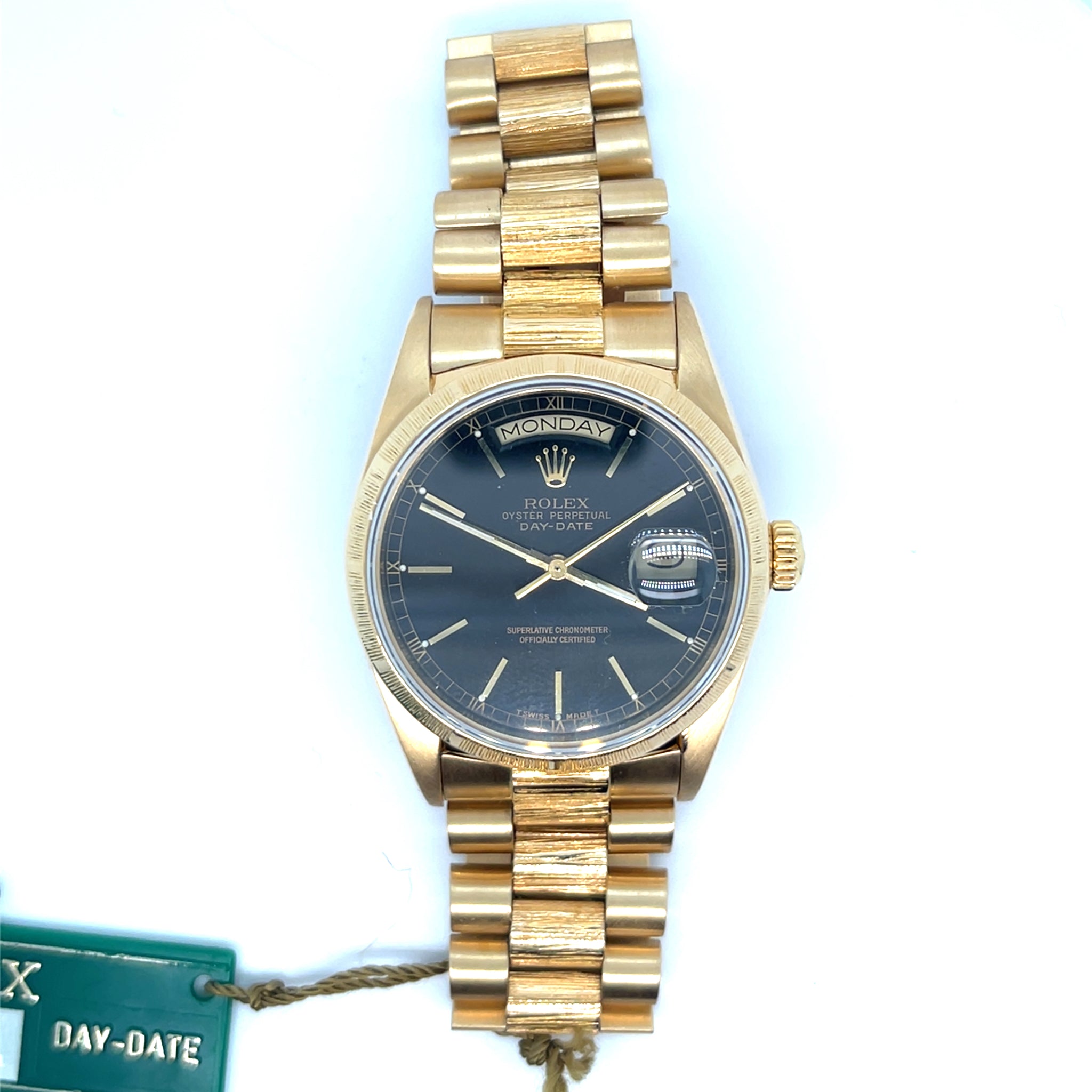 1987 Rolex Day-Date 18078 Yellow Gold Black Dial Bark