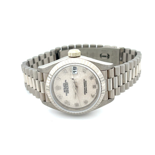 NOS Rolex Datejust 26mm 69179 'Ladies' White Gold Silver Anniversary Dial Presidential Bracelet
