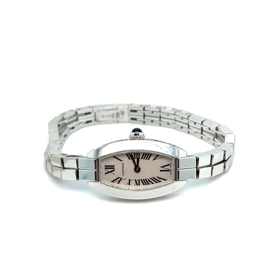 Cartier Mini Tonneau Lanière 2545 White Gold Silver Textured Grid Dial Quartz