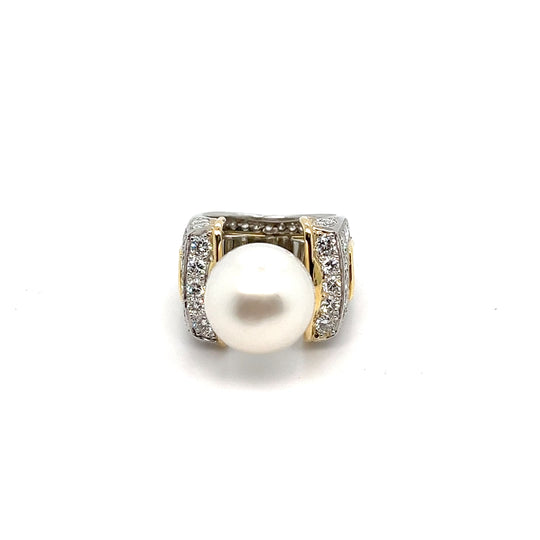 Boris LeBeau Signed Platinum and 18kt Gold White South Sea Pearl Diamond Ring