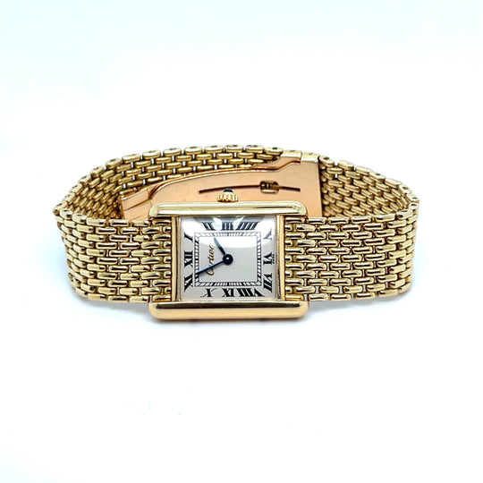 1990's Cartier Tank Louis Privé Collection Yellow Gold White Dial "Beads of Rice" Bracelet