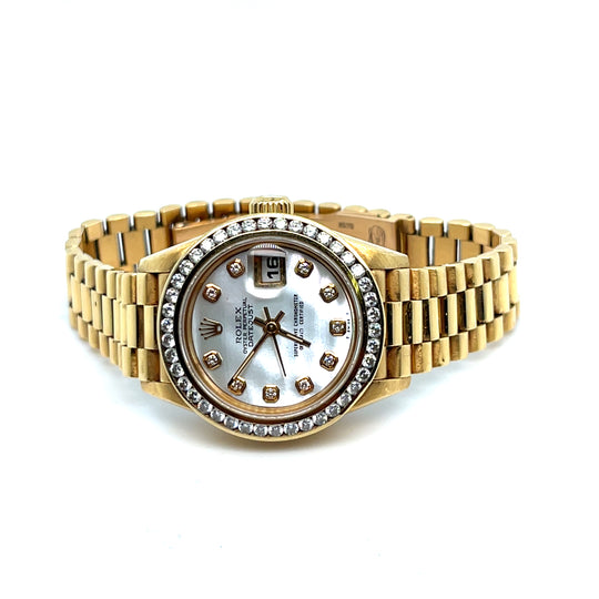 1995 Rolex Datejust 69178 'Ladies' 26mm Yellow Gold Custom Mother of Pearl Diamond Dial Diamond Bezel Presidential