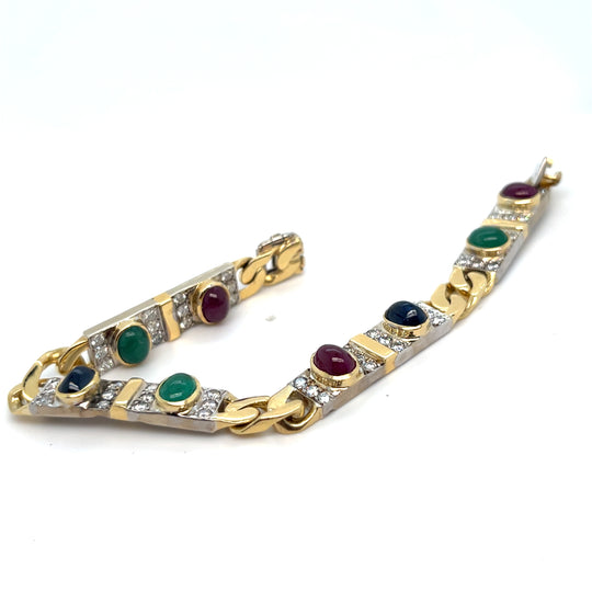 18kt Gold Cabochon Ruby Sapphire Emerald Diamond Bracelet