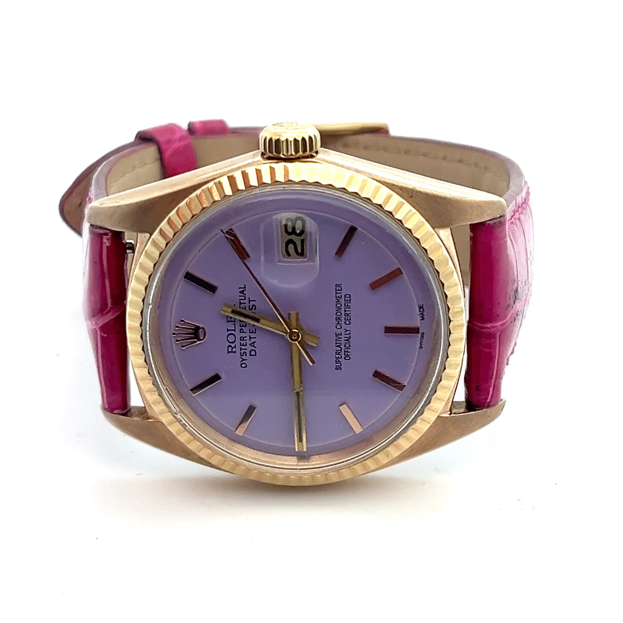 ROLEX バーガンディ 手帳 1974 Rolex Datejust 1601 Rose Gold Lavender Dial Alligator Strap