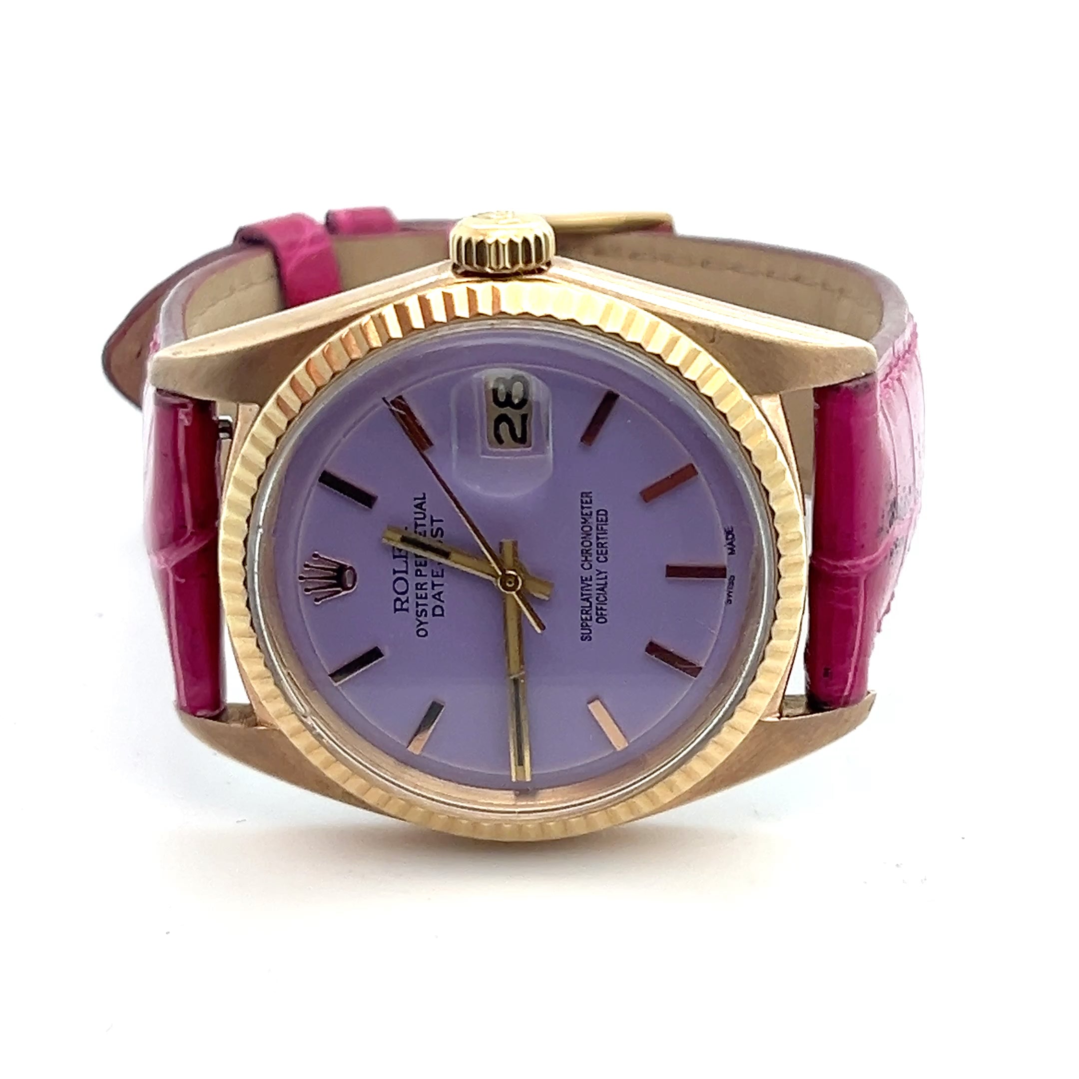 1974 Rolex Datejust 1601 Rose Gold Lavender Dial Alligator Strap