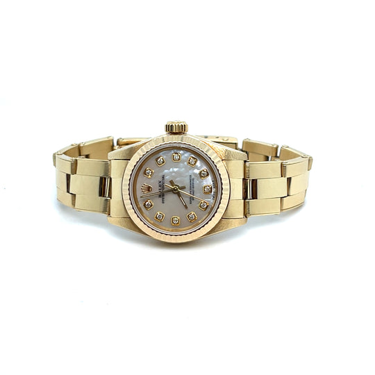 1987 Rolex Oyster Perpetual 67197 24mm 'Ladies' 14kt Yellow Gold Custom Mother of Pearl Diamond Dial