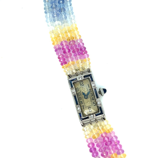 1920's 14kt White Gold Vintage Watch on No Heat Burma Multicolored Sapphire Bracelet