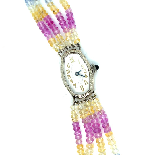 1920's 14kt White Gold Vintage Watch on No Heat Burma Multicolored Sapphire Bracelet