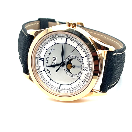 Patek Philippe Complications 5396R-001 Annual Calendar Moon Phase Rose Gold Silver Target Dial