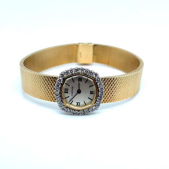 1960's Cartier 'Ladies' Watch Yellow Gold Champagne Dial Diamond Bezel Mesh Bracelet Movado Movement