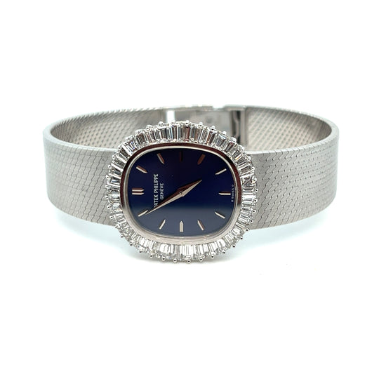Patek Philippe Golden Ellipse 'Ladies' White Gold Blue Dial Diamond Bezel