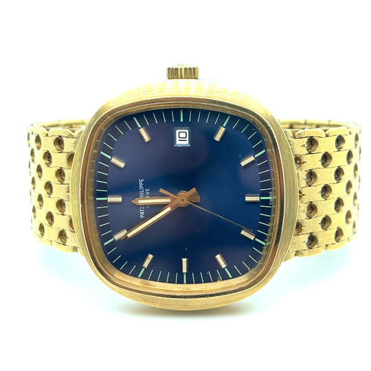 Patek Philippe Beta 21 Jumbo 3587/2 Yellow Gold Blue Dial Swiss Cheese Bracelet Uber Rare