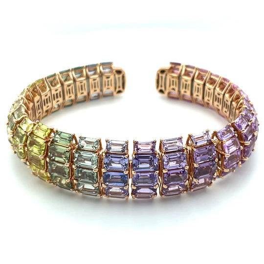 Flexible 18kt Rose Gold Multicolored Sapphire and Diamond Cuff Bracelet