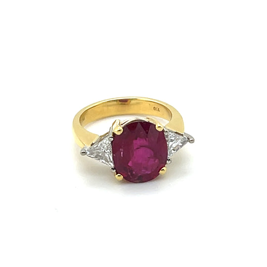 18kt Gold Thai Heated Ruby and Diamond 3 Stone Ring