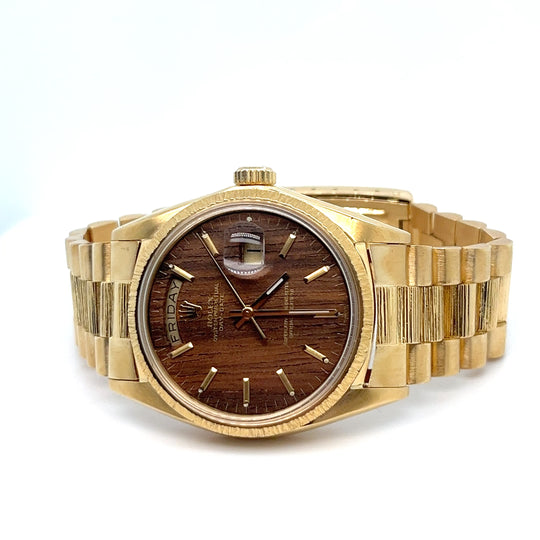 Rolex Day-Date 1807 Yellow Gold Sequoia Wood Dial Bark Finish First Edition Complete Uber Rare