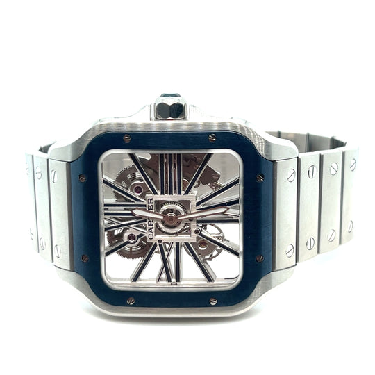 2022 Cartier Santos WHSA0026 Large Stainless Steel Blue Skeleton Dial