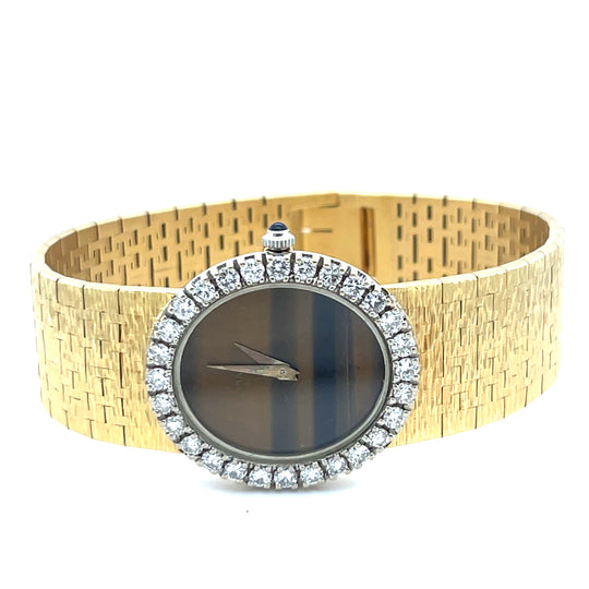 Piaget 9814 A6 'Ladies' Vintage Oval Yellow Gold Tiger Eye Dial Diamond Bezel