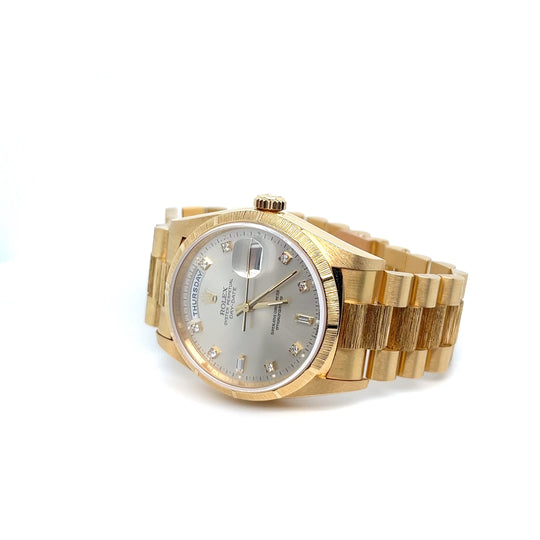 NOS 1996 Rolex Day Date Bark Finish Factory Diamonds