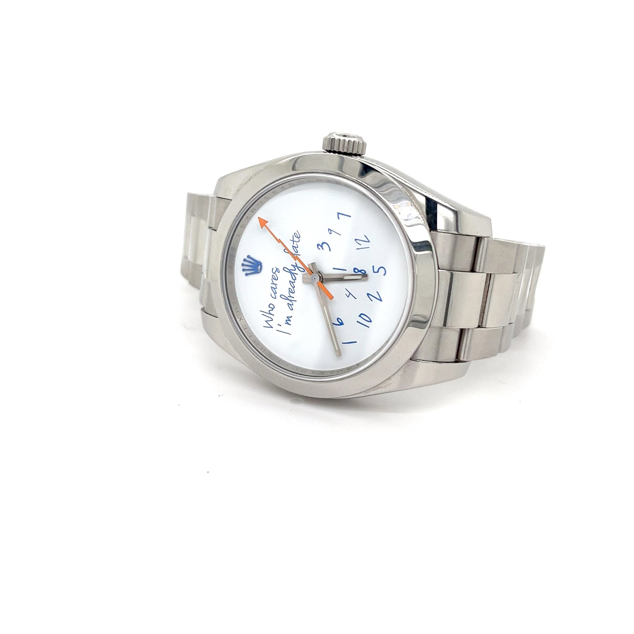 Exclusive 40mm Rolex Milgauss "Who cares I'm already late" custom dial blue font