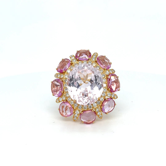 One-of-a-Kind 18kt Gold Center Kunzite with Pink Sapphires and Diamonds Cocktail Ring