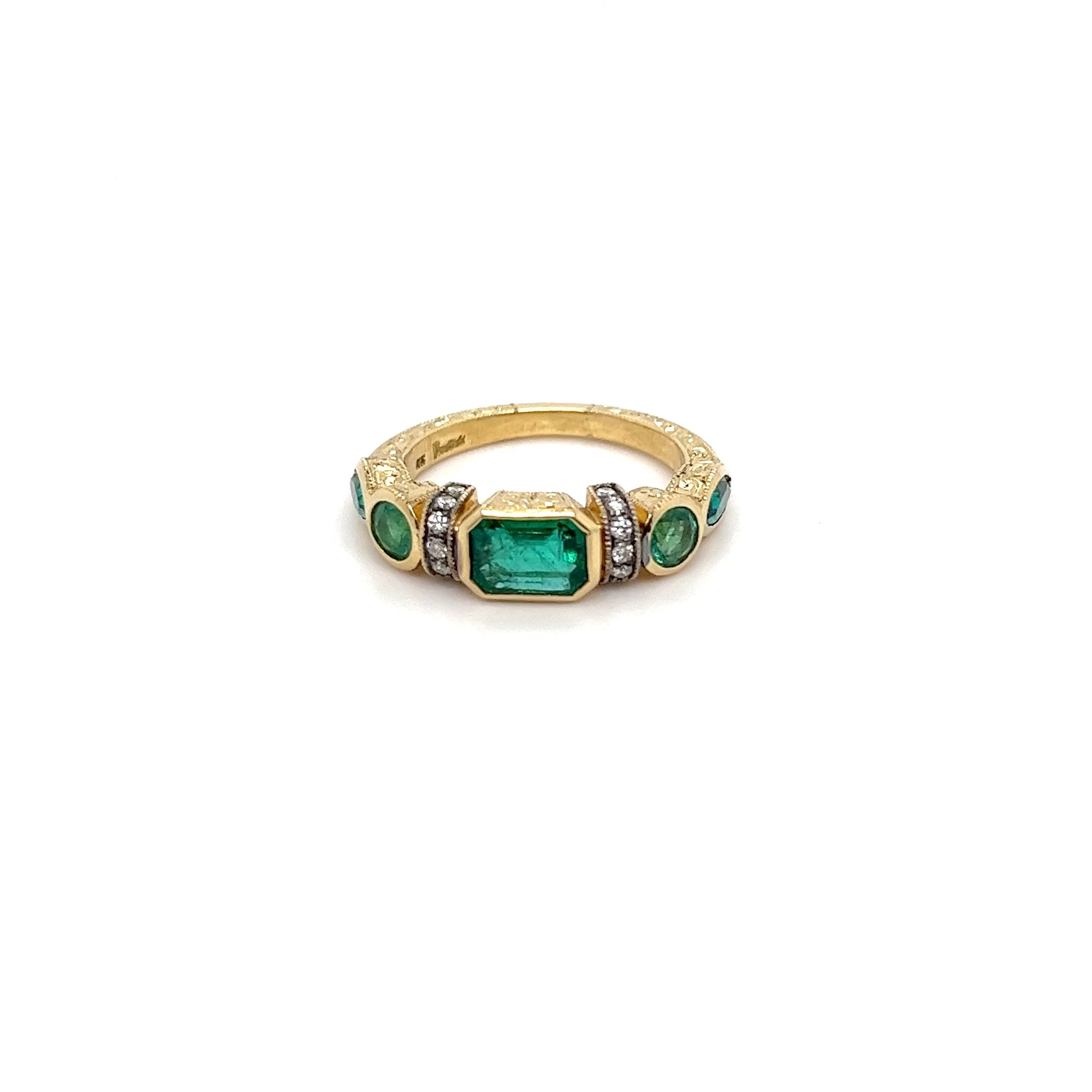 Low Profile 5 Stone Colombian Emerald and Diamond Stacking Band