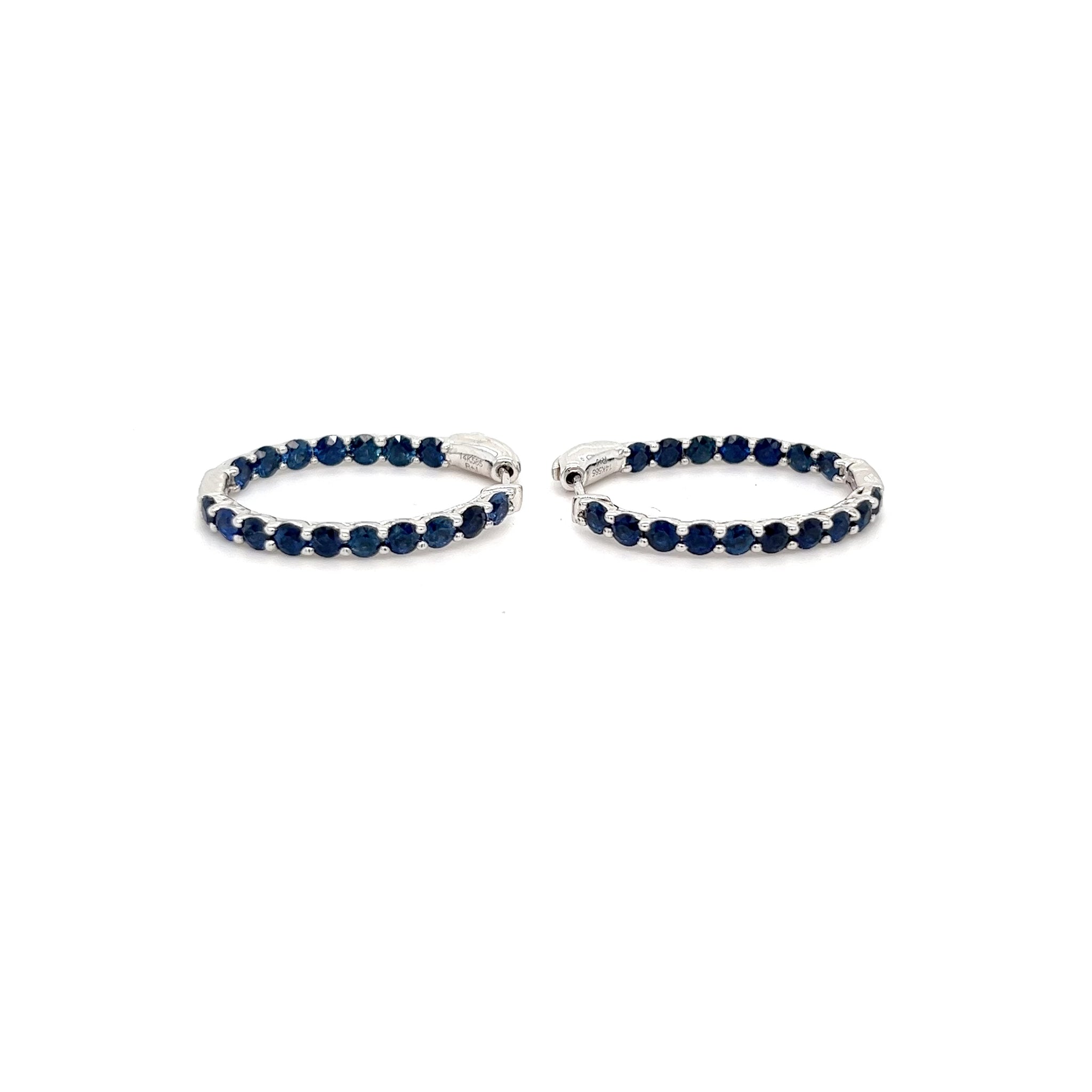 14kt White Gold Oval Blue Sapphire Hoops