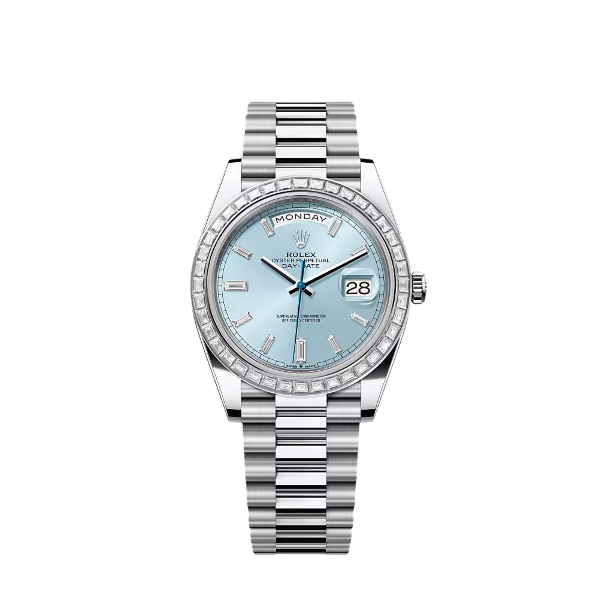 2025 Rolex Day-Date 40 228396TBR Platinum Ice Blue Diamond Dial Diamond Bezel