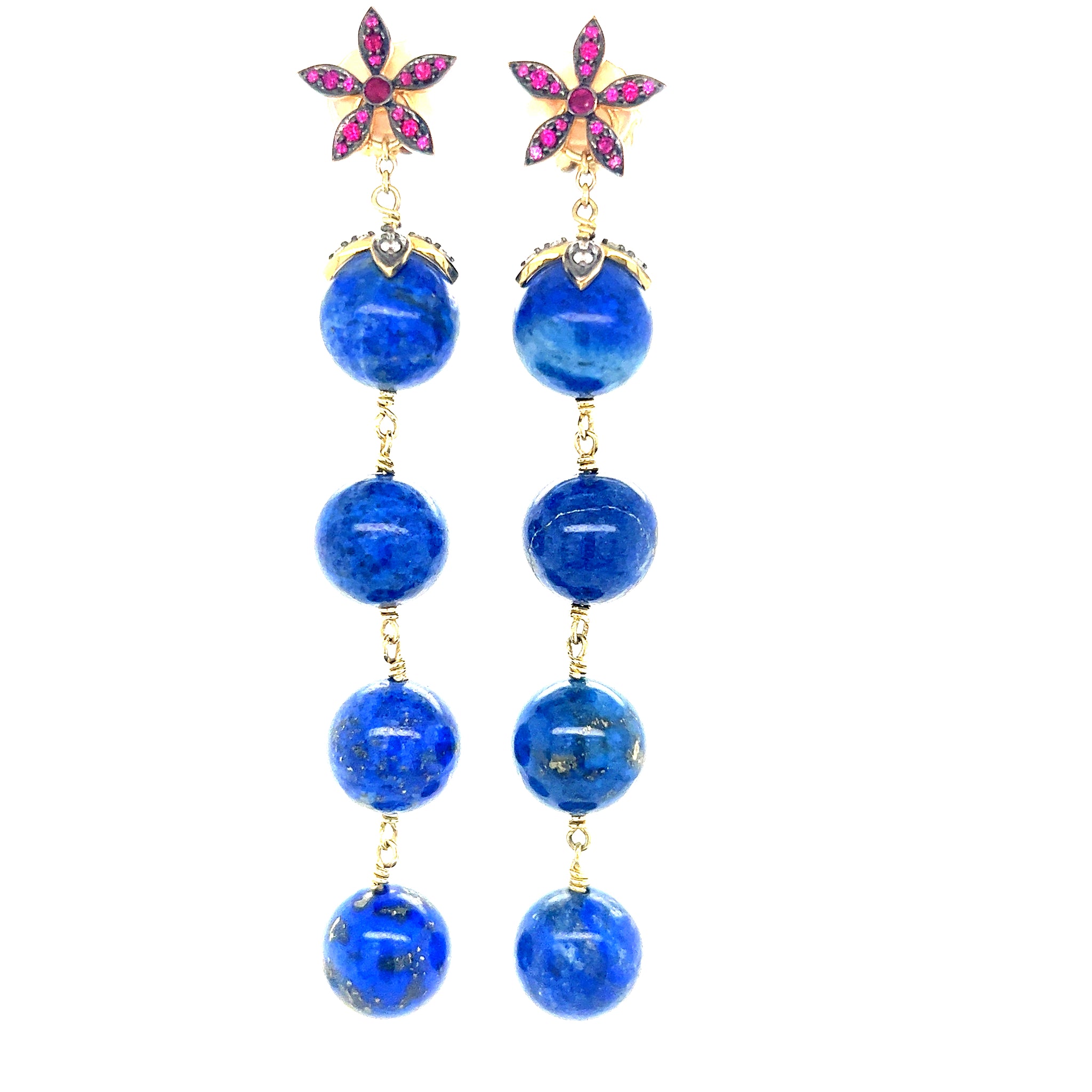 20Kt Rose Gold Flower Ruby Studs with Detachable Lapis Chandelier Earring