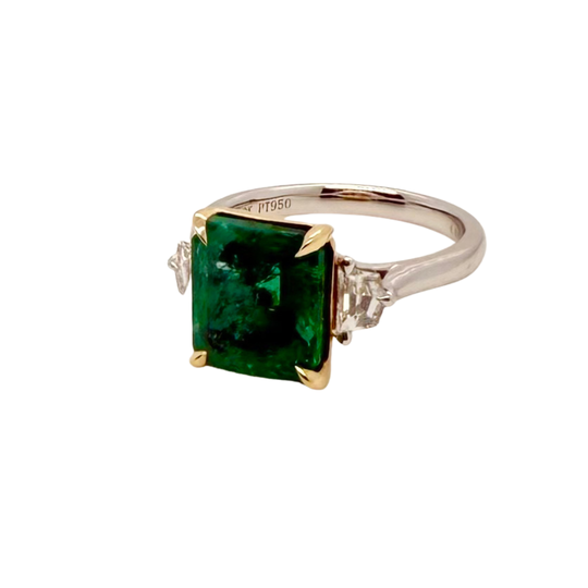 3-Stone Emerald Diamond Platinum 18kt Gold Ring