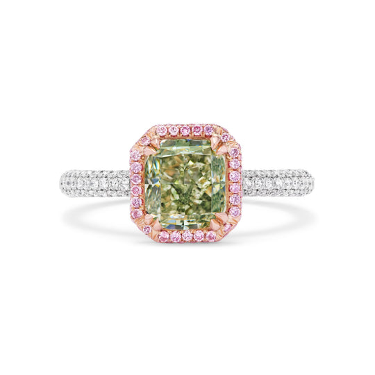 Platinum and 18kt Rose Gold Natural Fancy Green Cushion Shape Diamond Ring