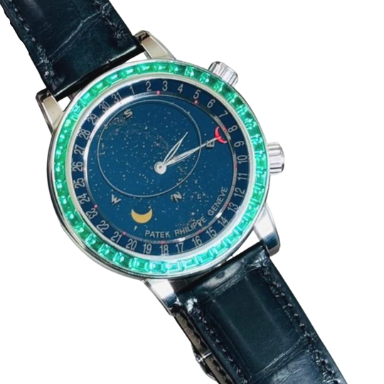 Patek Philippe Celestial Joaillerie Grand Complications 6104/13P-010 Platinum Blue Dial Emerald Baguette Bezel