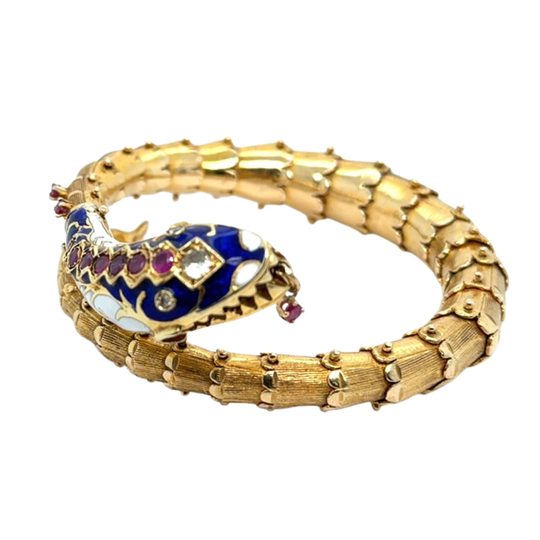 Estate 14kt Gold Enamel Diamond Ruby Snake Bangle