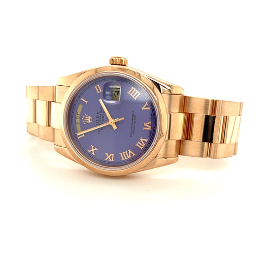 2002 NOS Rolex Day Date 36 18kt Rose Lavendar Dial